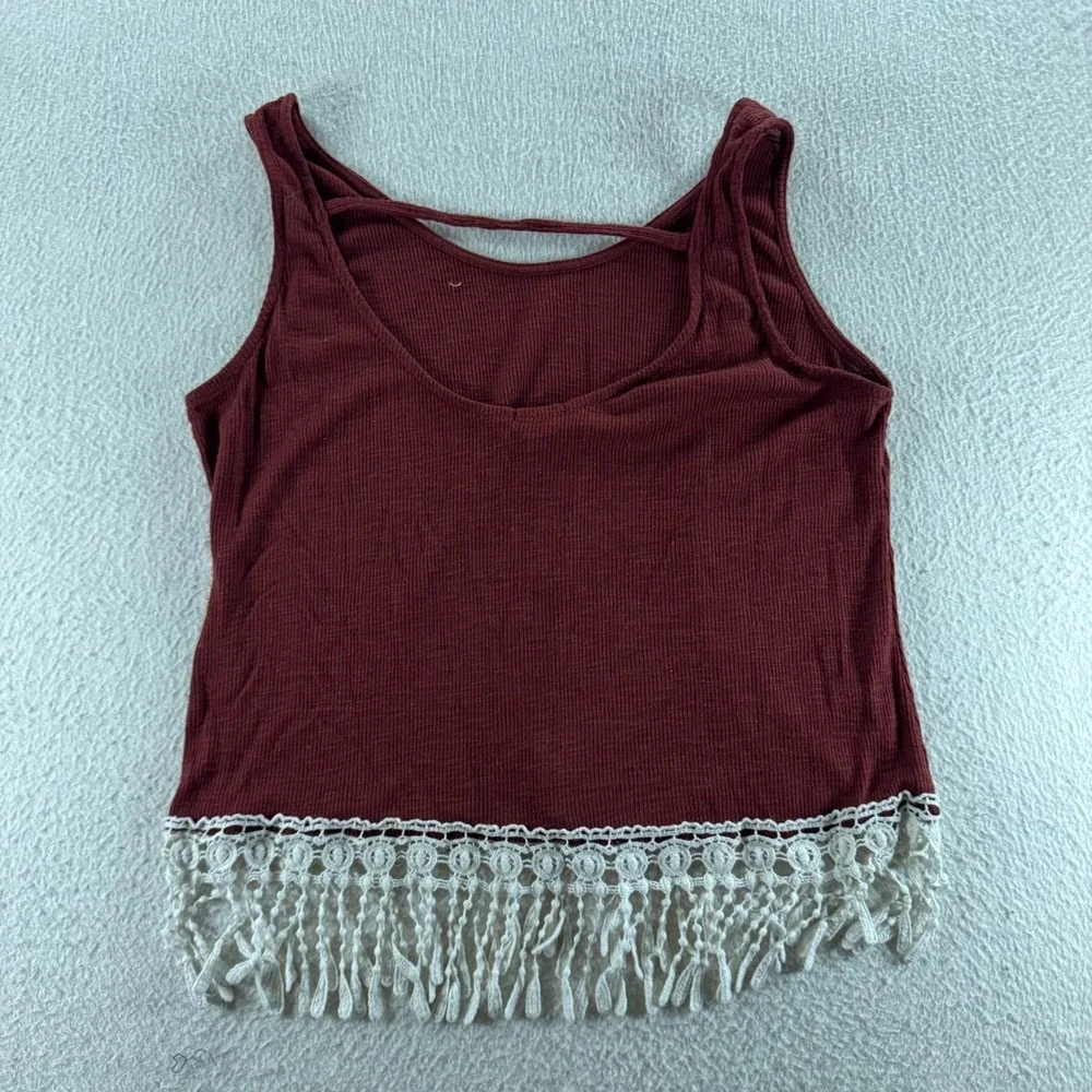 rue21 Tank Top Womens Large Burgundy Good Boho Crochet Fringe Strappy Back
